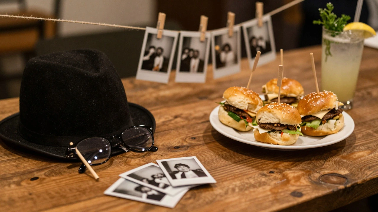 Wedding party props, polaroid photos, and late-night snacks on a decorated table