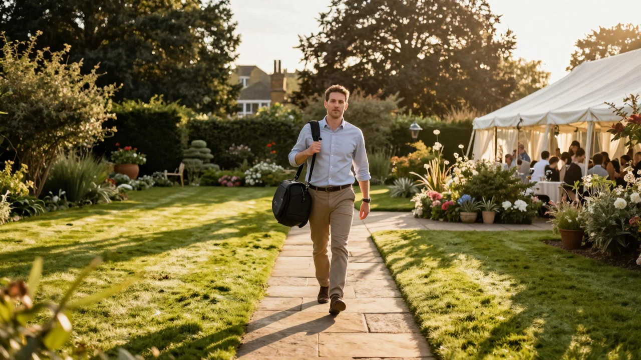 Wedding photographer walking through a sunlit garden venue in the UK