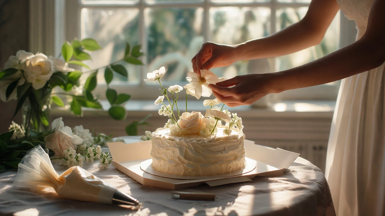 Adding fresh flowers to a wedding cake in morning light