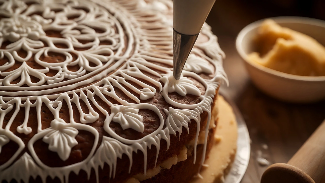 Close-up of intricate royal icing piping on a cake