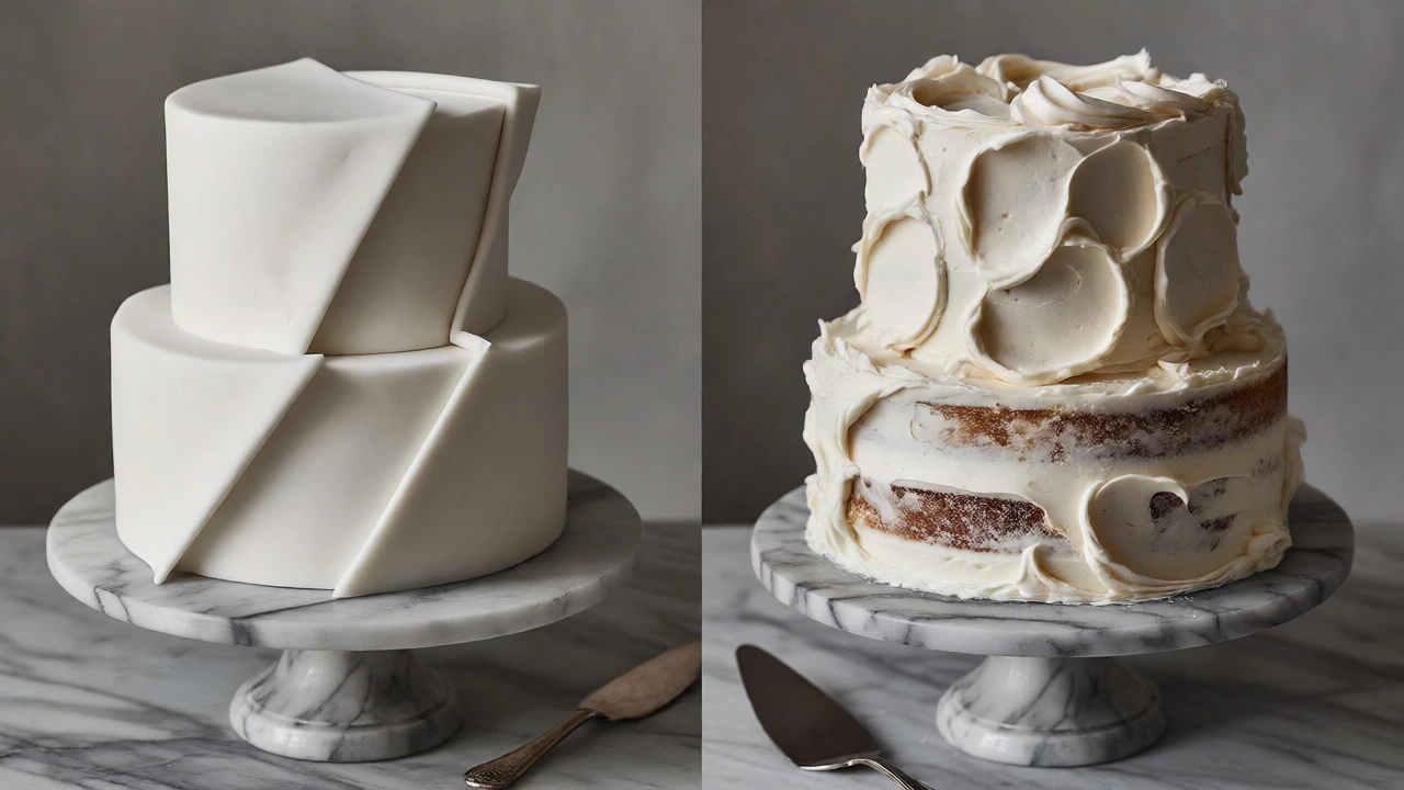 Comparison of smooth fondant and textured buttercream cakes