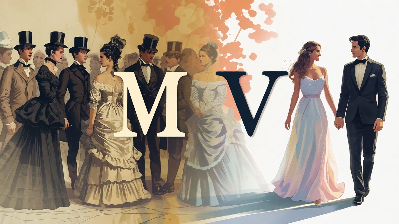 Conceptual art linking Victorian traditions with modern couples via M and V symbols.