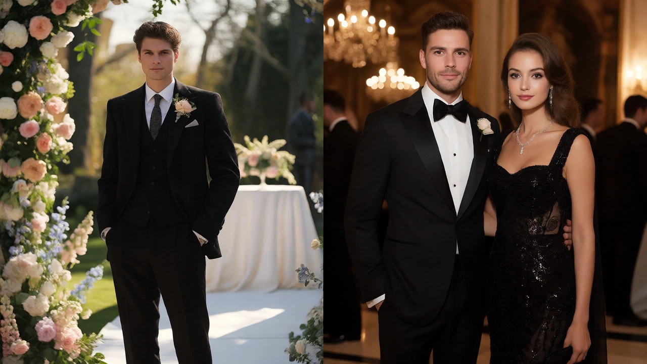 Contrast between black attire at garden vs formal weddings