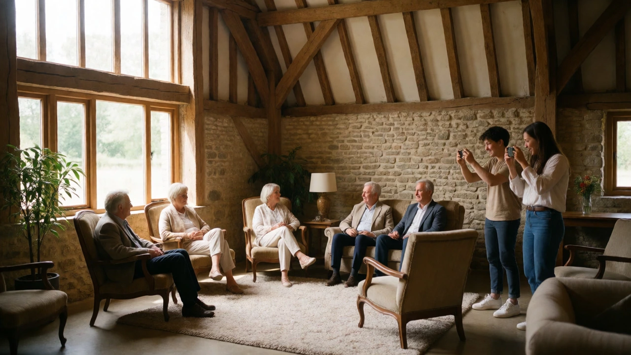 Cozy lounge area in a historic barn utilizing natural architectural features as decor.