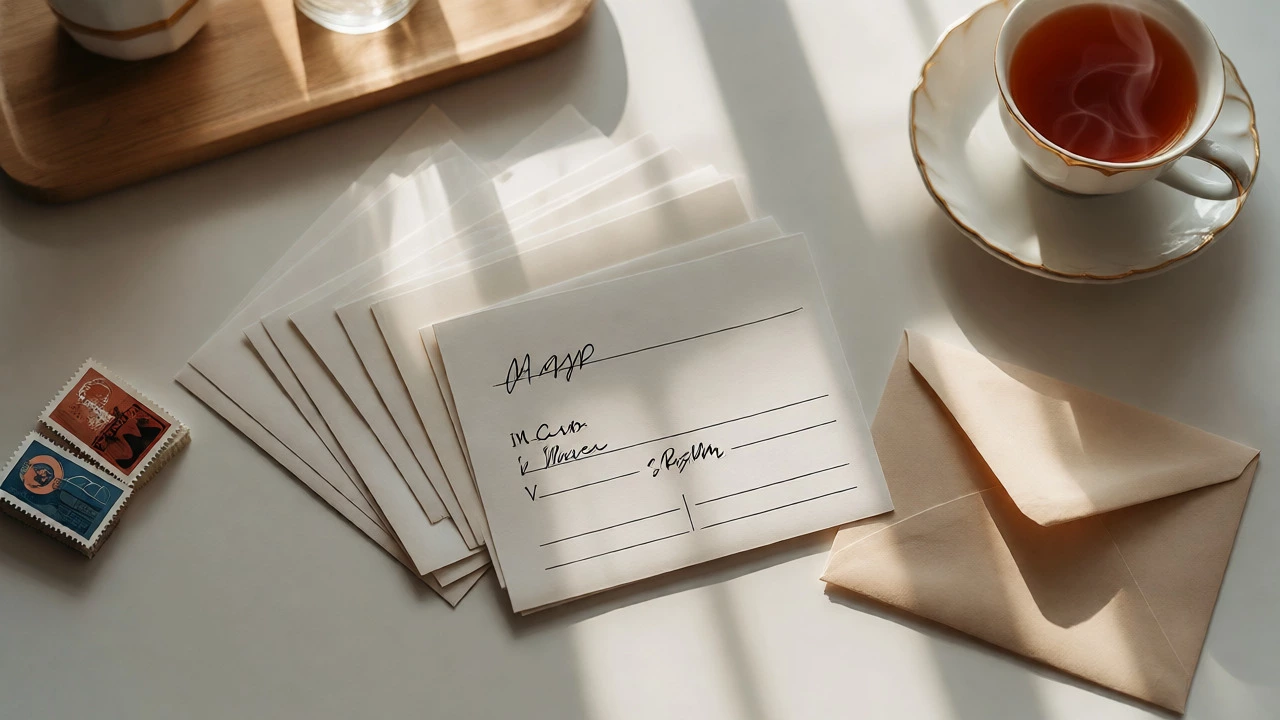 Flat lay of filled RSVP cards with names on M and V lines, envelopes, and tea.