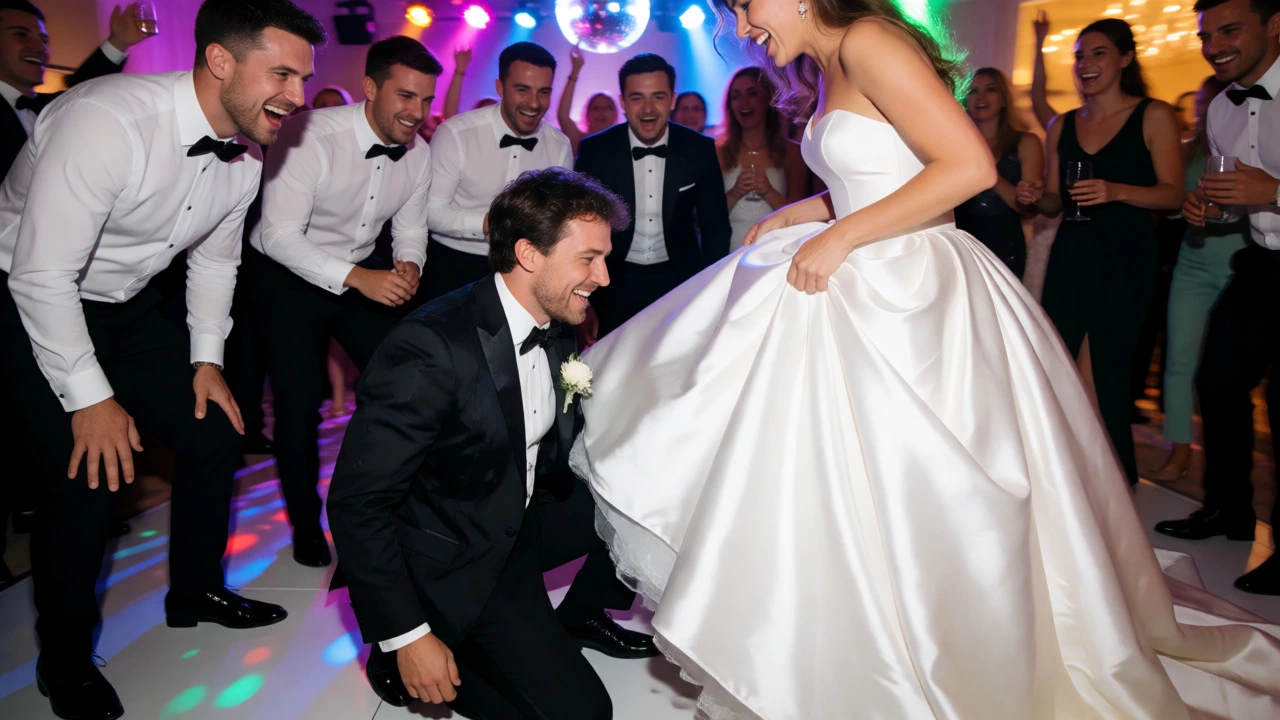 Groom kneeling under bride's dress at a modern wedding reception to remove garter.