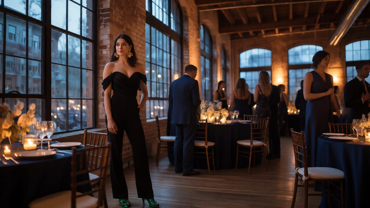 Guest in black jumpsuit at an evening loft wedding