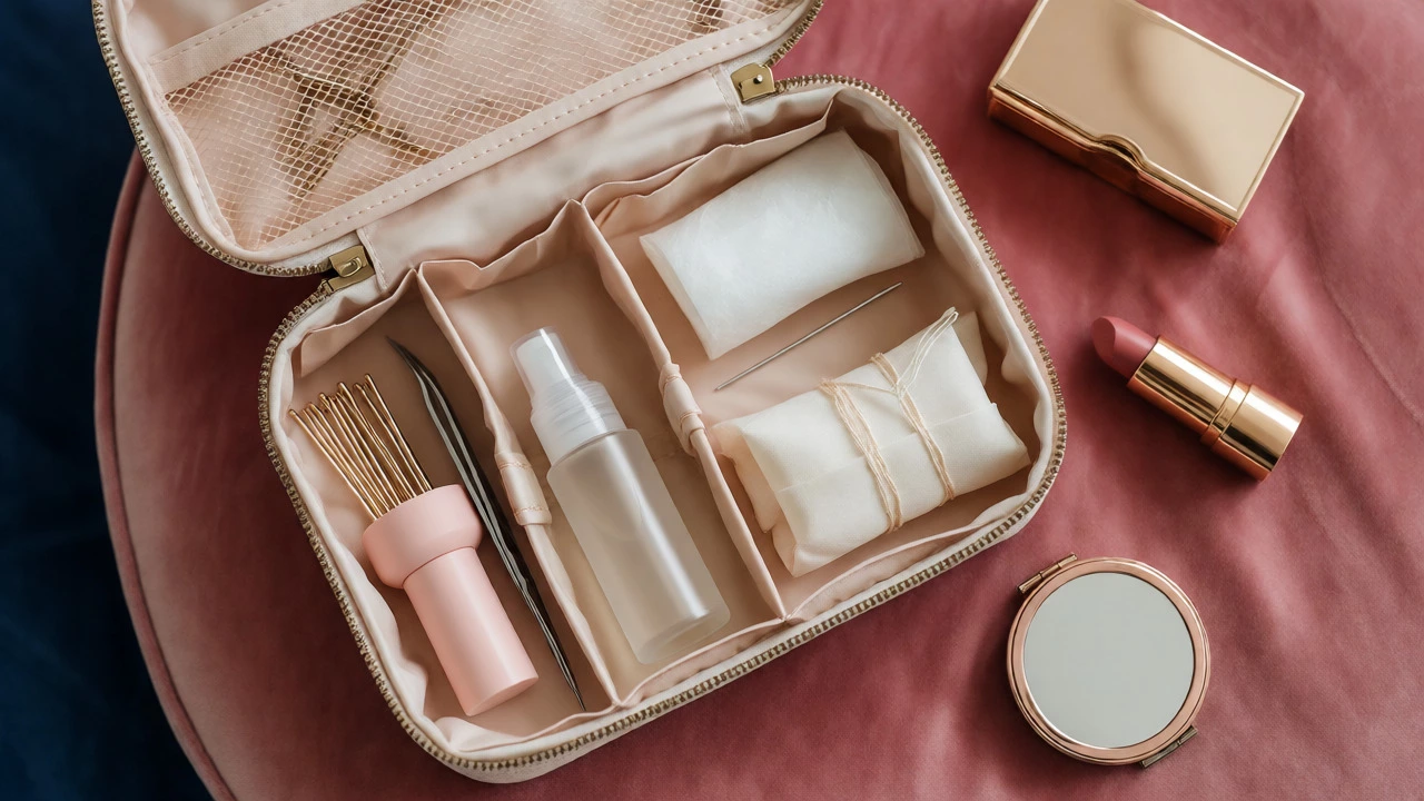 Open bridal emergency kit containing pins, blotting papers, and touch-up items