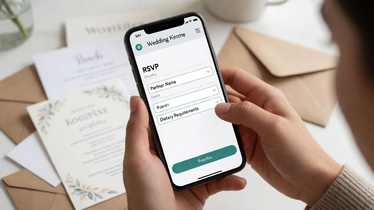 Person filling out a clear digital RSVP form on a smartphone with paper invites nearby.