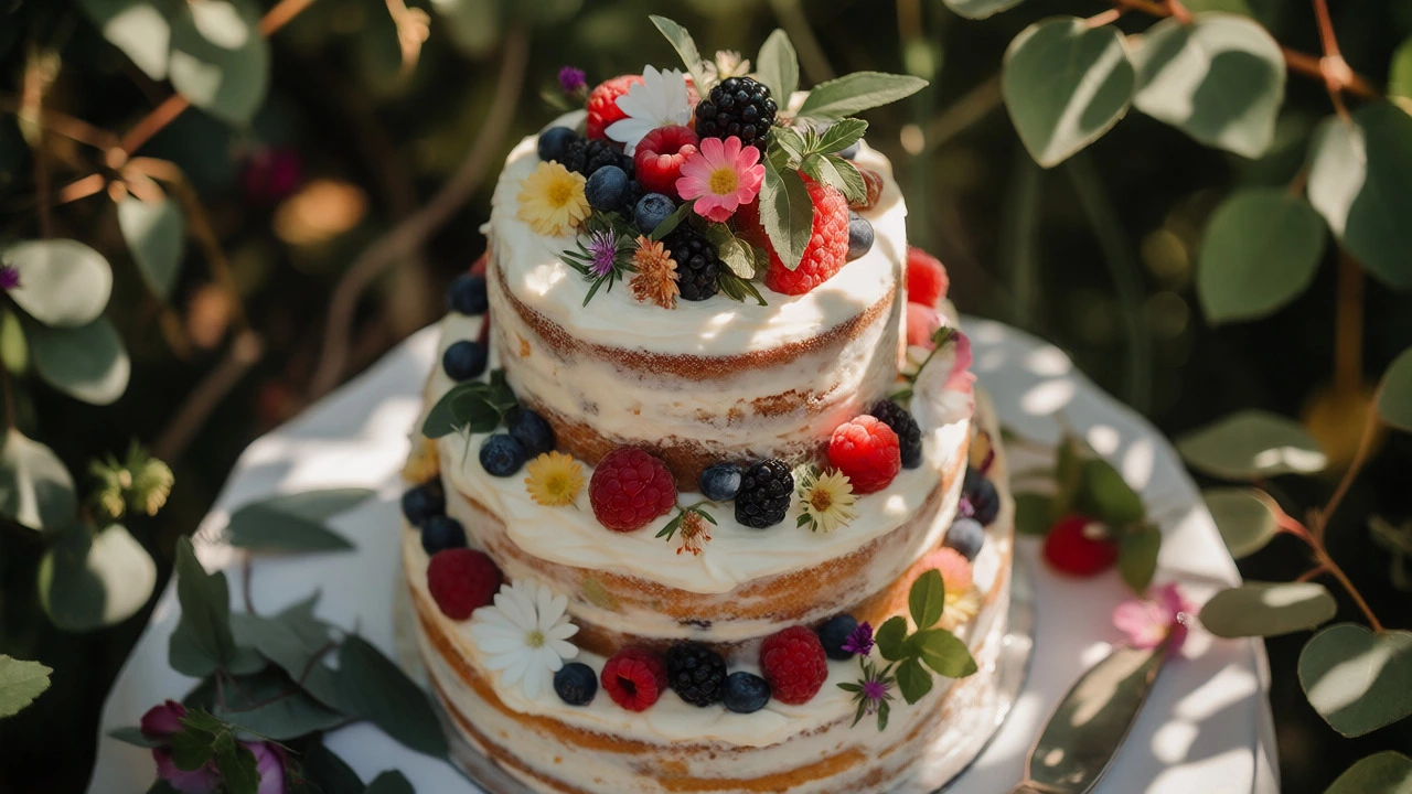 Semi-naked berry wedding cake in a sunny garden
