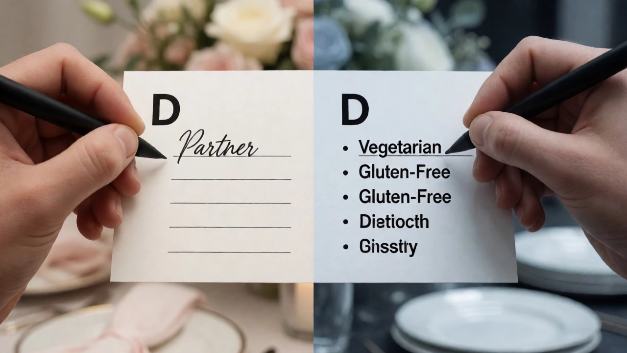 Split image showing handwritten guest names and dietary notes on RSVP cards.