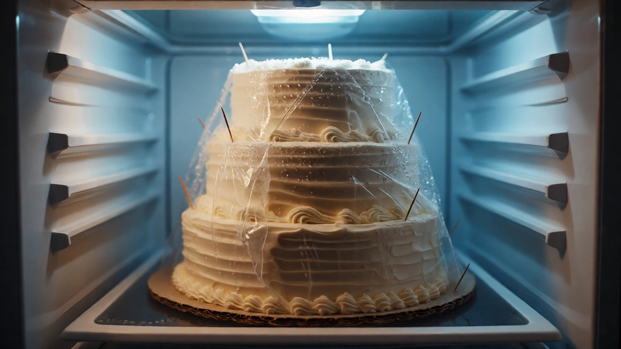 Stacked wedding cake stored in a fridge with plastic wrap