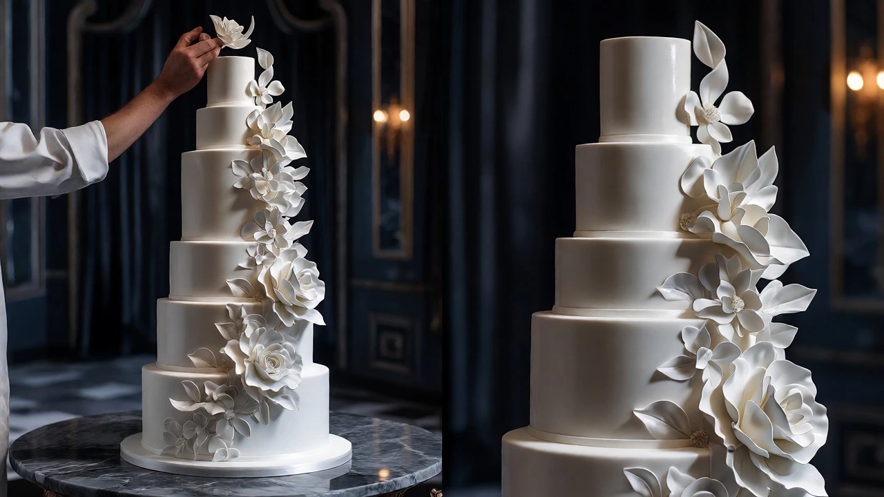 Tall five-tier fondant cake with sugar flowers