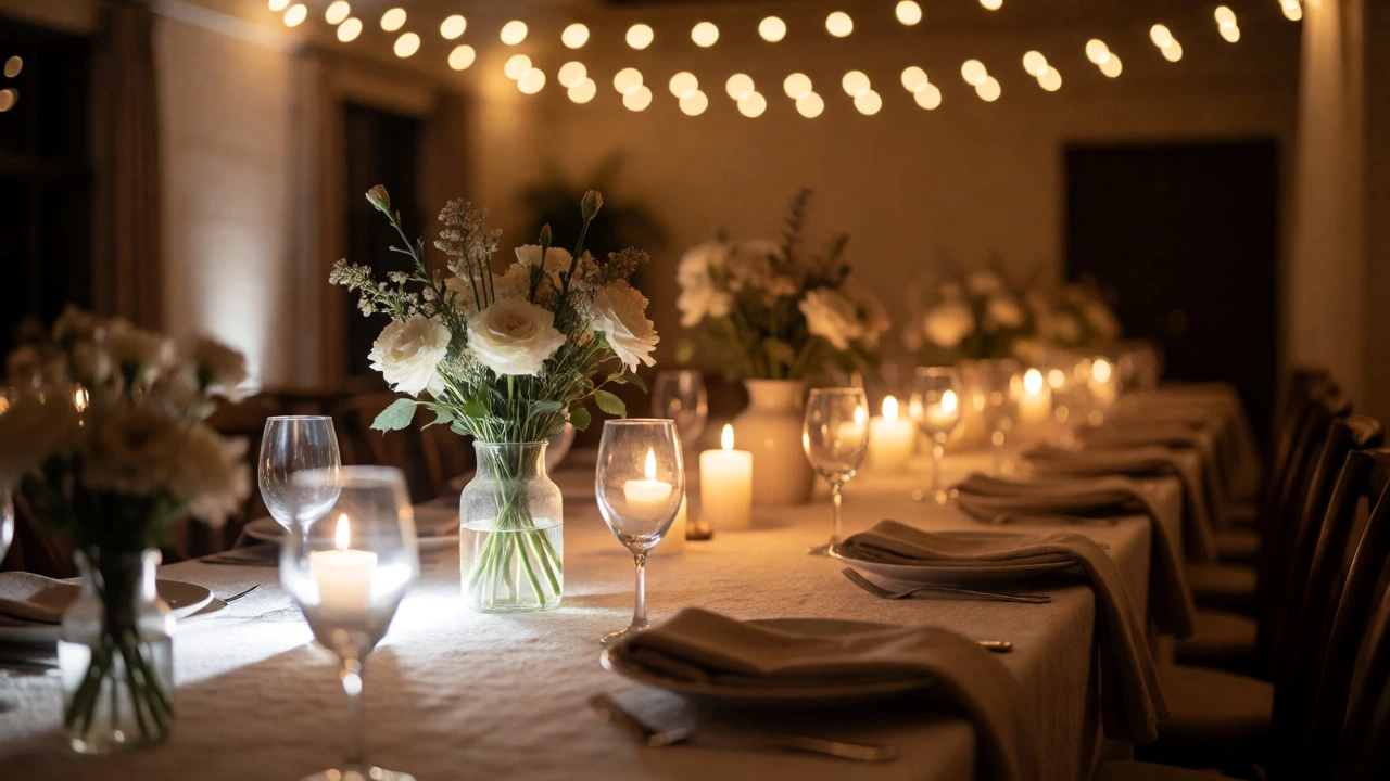 Warm string lights transforming a wedding table setting compared to harsh white lighting.