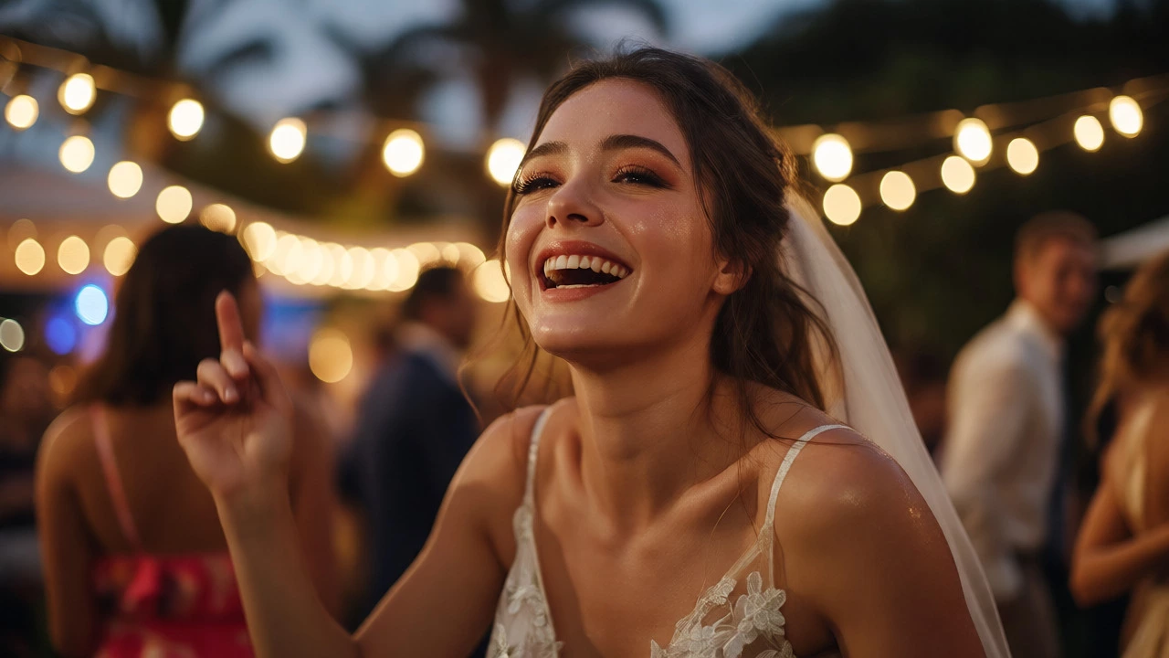 Bride dancing at her wedding reception with flawless, sweat-resistant makeup under evening lights.