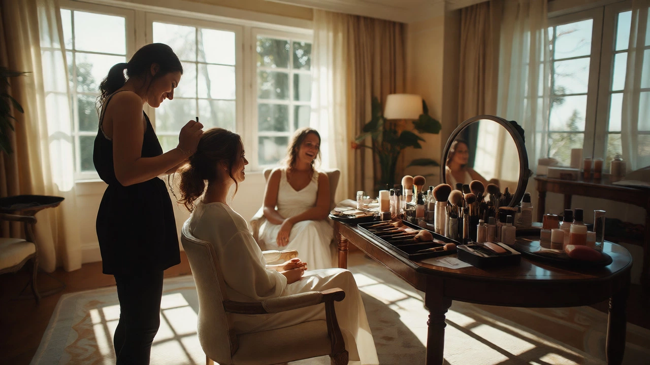 Bride getting her hair and makeup done in a bright, elegant bridal suite with products nearby.