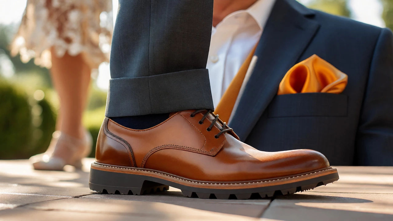Close-up of father of the groom's tailored suit and shoes outdoors