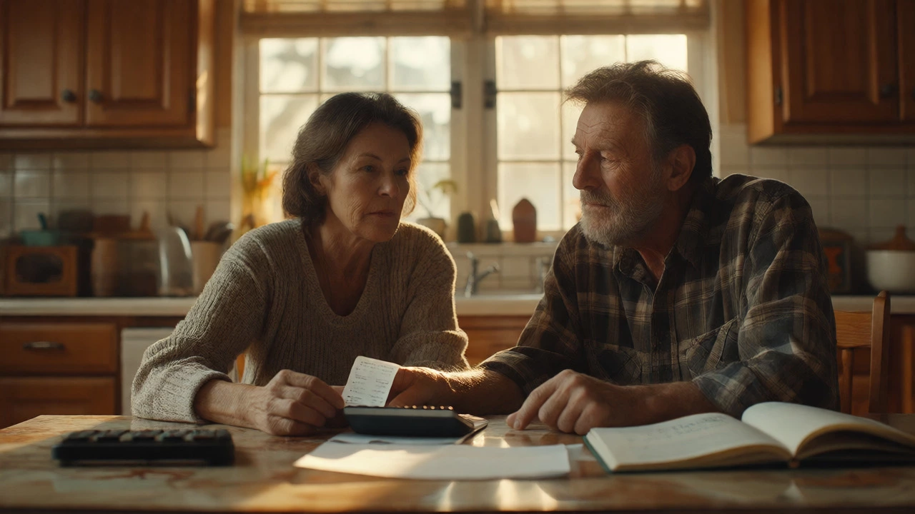Couple calculating wedding budget at home