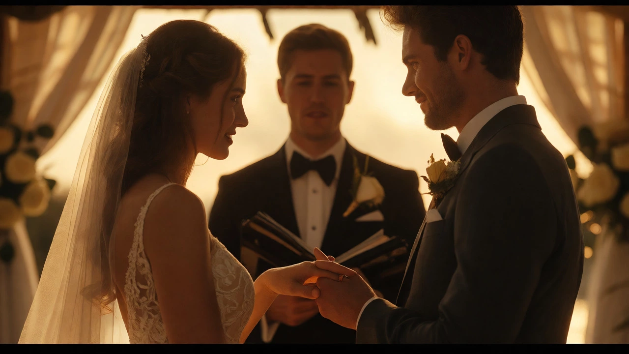 Couple exchanging rings after saying their vows