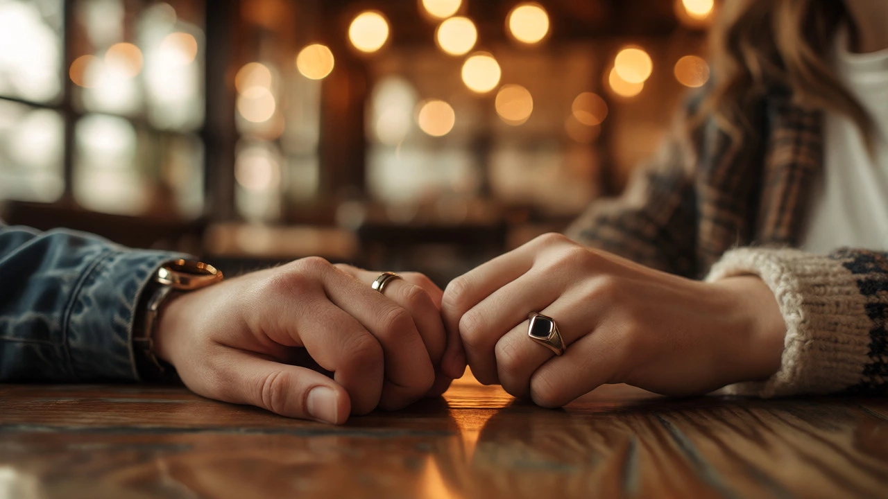 Couple holding hands showing different ring styles including a signet ring on the pinky.