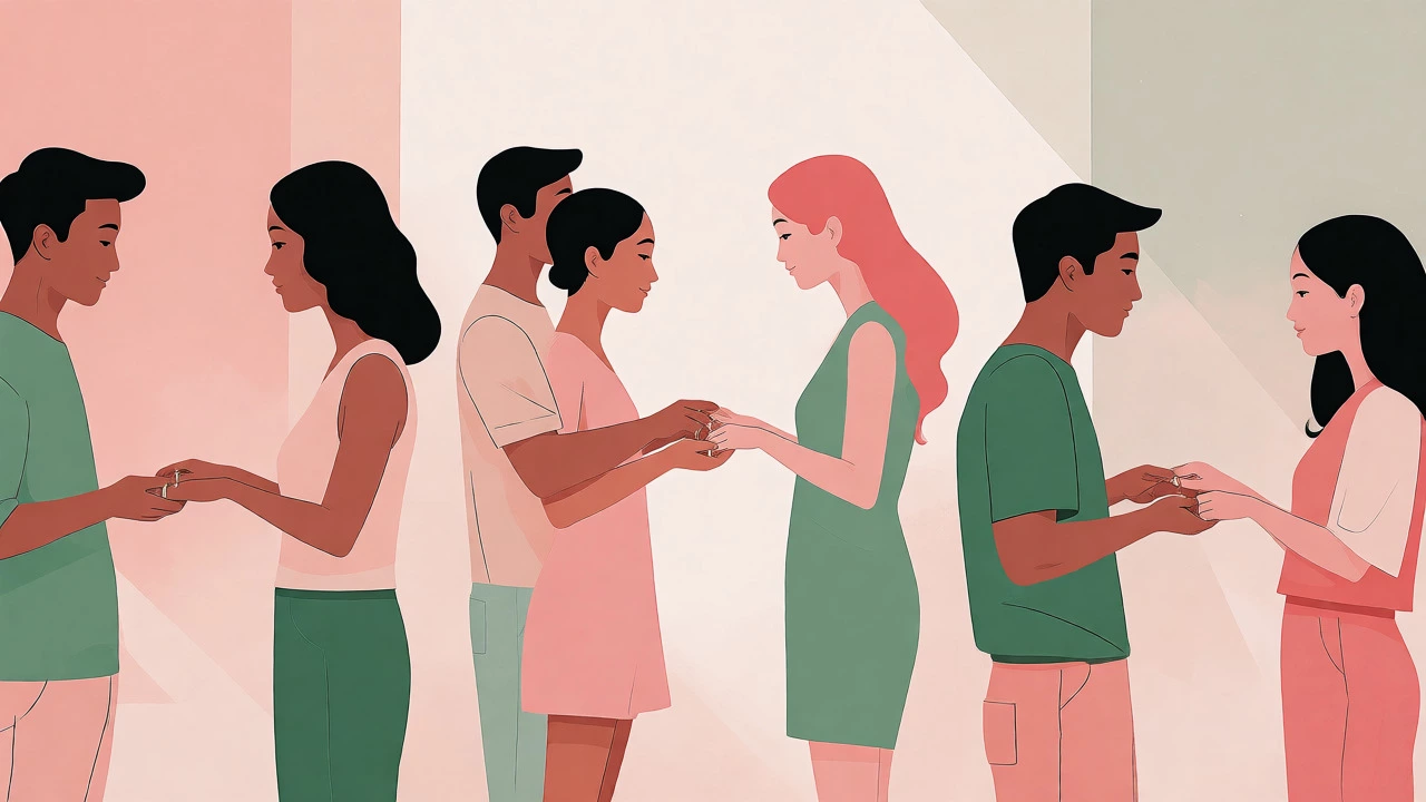 Diverse couples exchanging wedding rings simultaneously in a modern setting.