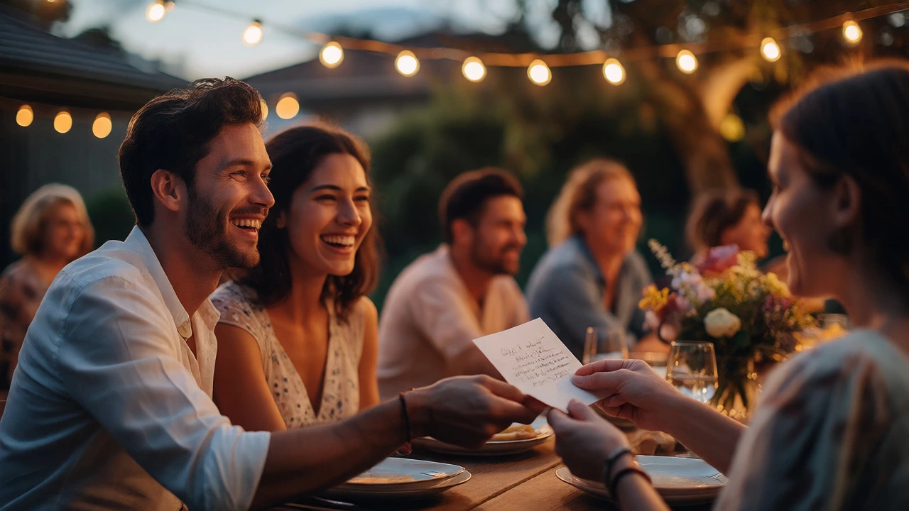 Friends exchanging cards at backyard wedding