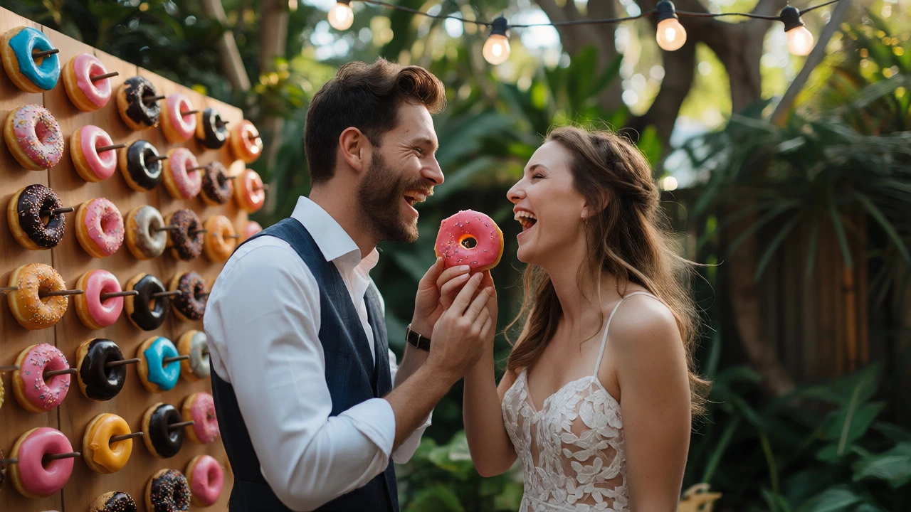 Happy couple sharing a donut from a colorful donut wall at an outdoor wedding.