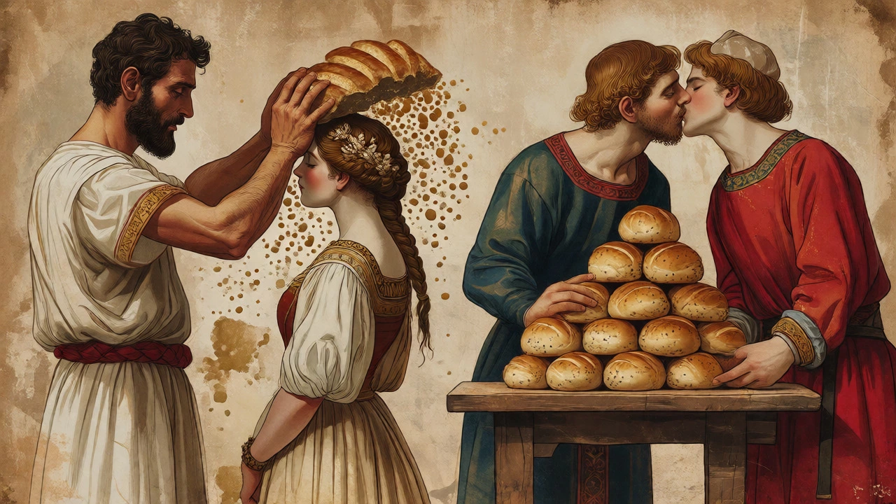 Illustration depicting ancient bread breaking and medieval kissing over stacked cakes.
