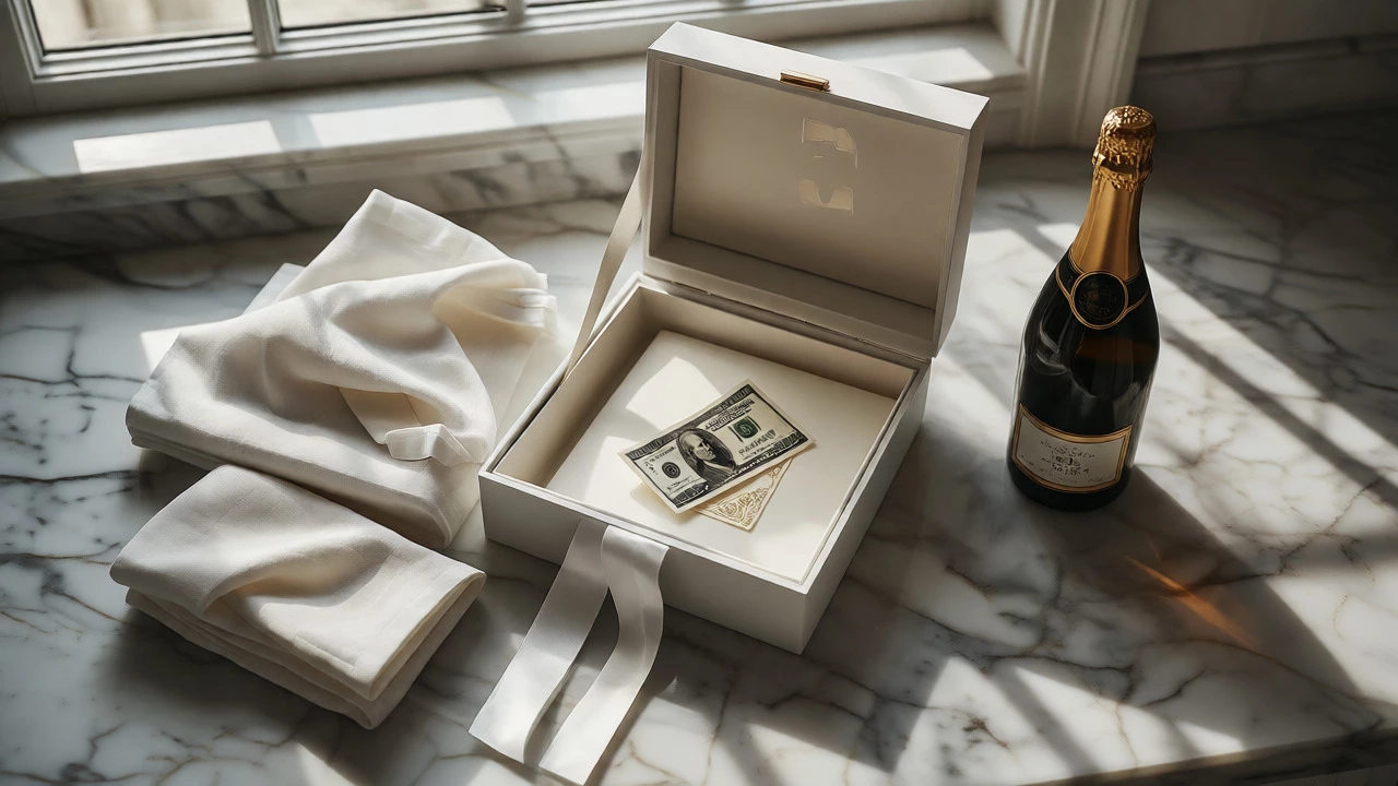 Luxury wedding gifts and cash on marble surface