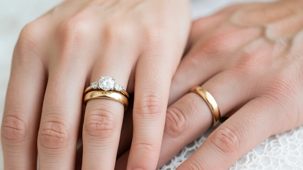 Macro shot of stacked wedding and engagement rings on a bride's left hand.