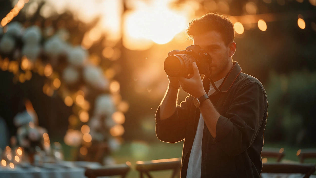 Photographer holding a camera at an outdoor wedding venue