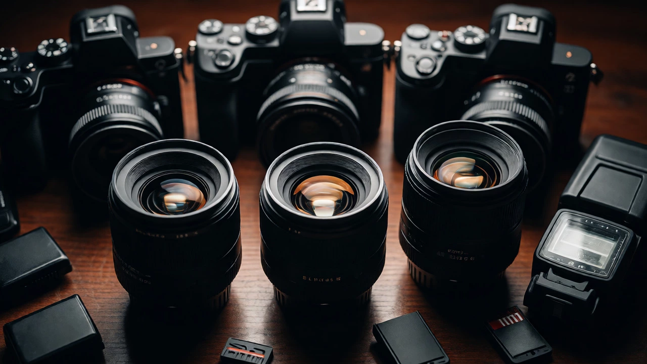 Professional camera bodies and lenses arranged on a table