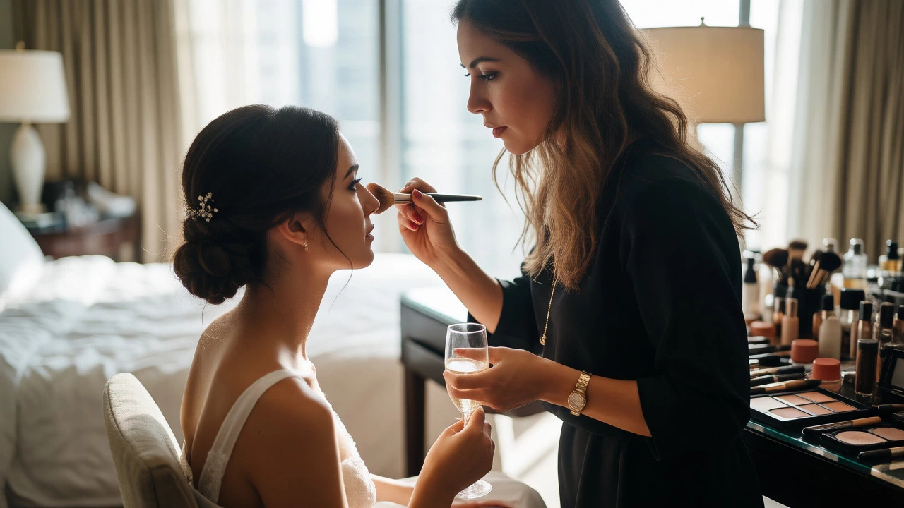 Professional makeup artist applying makeup to relaxed bride