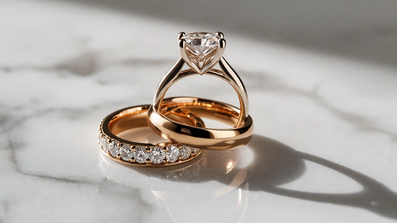 Stacked eternity band, wedding band, and engagement ring on a marble surface.