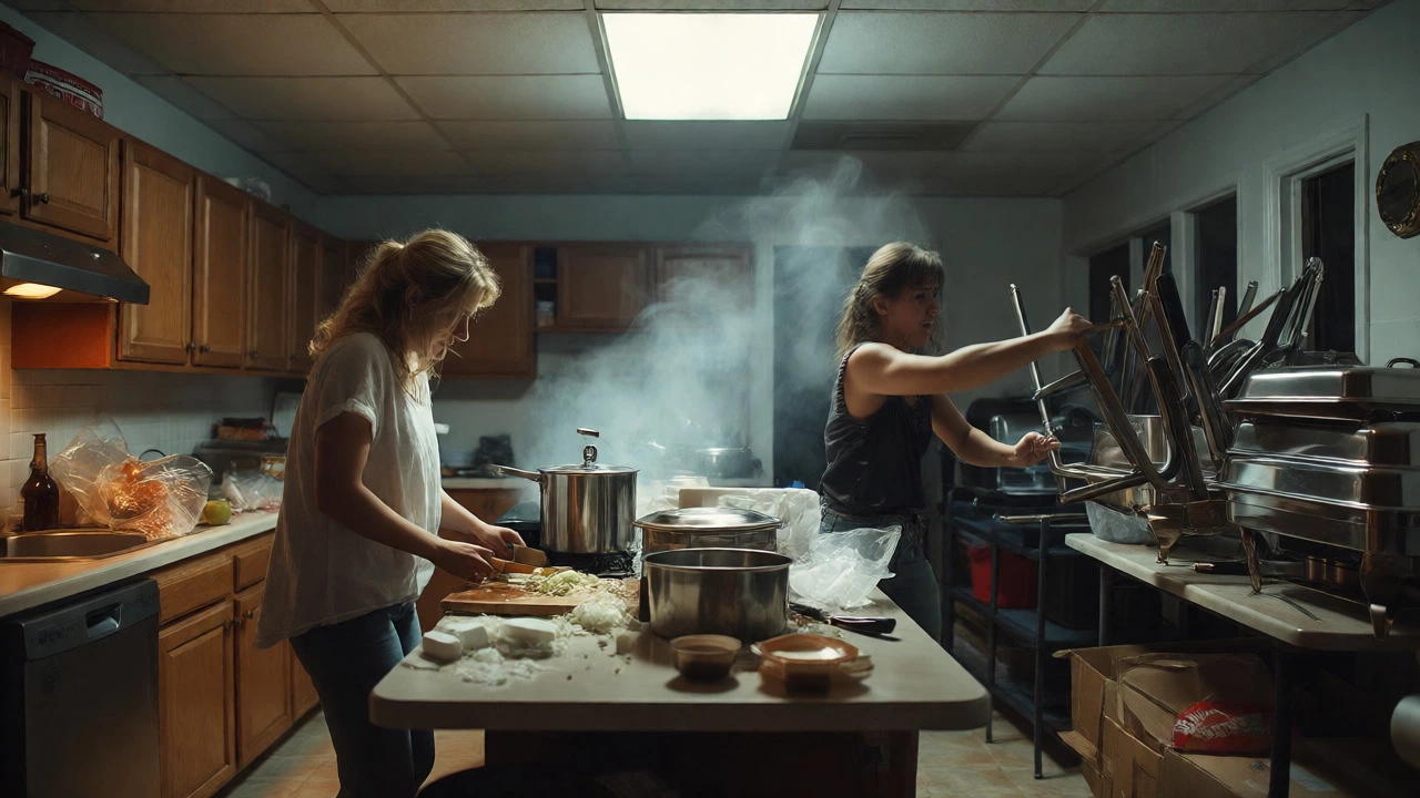 Stressed couple prepping food in a cluttered home kitchen at night