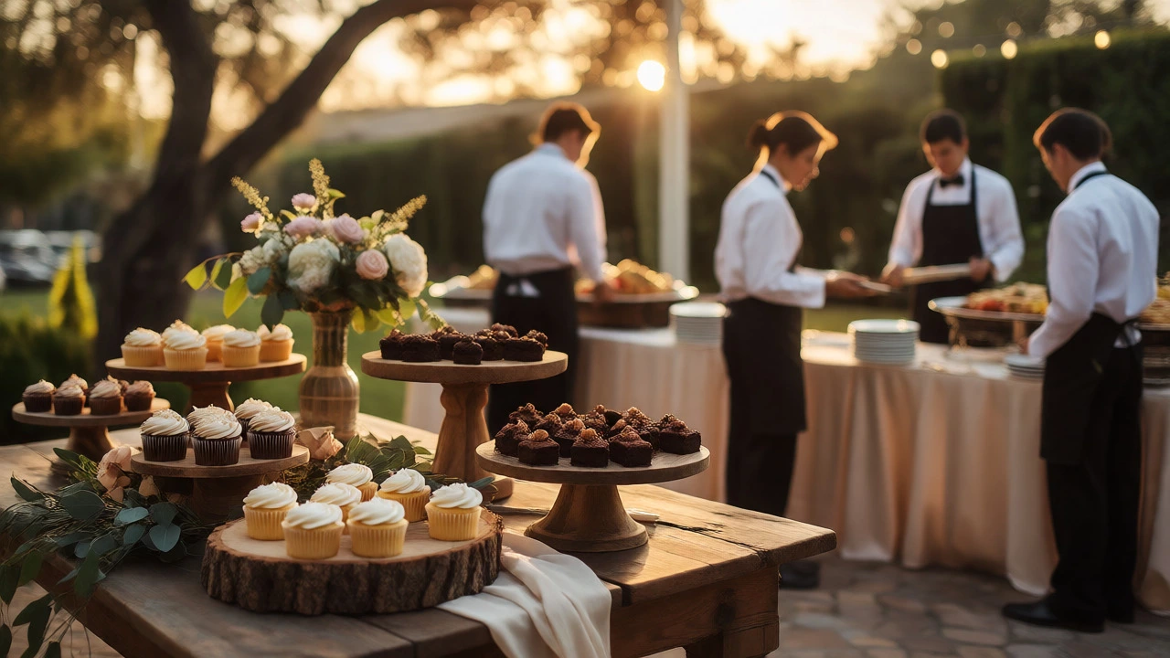 Wedding reception with DIY dessert table and professional catering