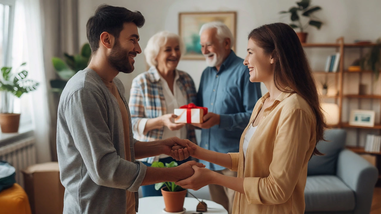 Young couple receiving gift from parents